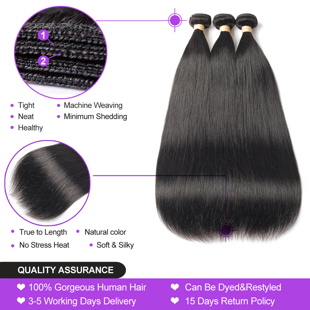 Lanfy Hair Remy Human Hair 10A Malaysian Straight Hair 3 Bundles 100% Unprocessed Human Hair Weave for Black