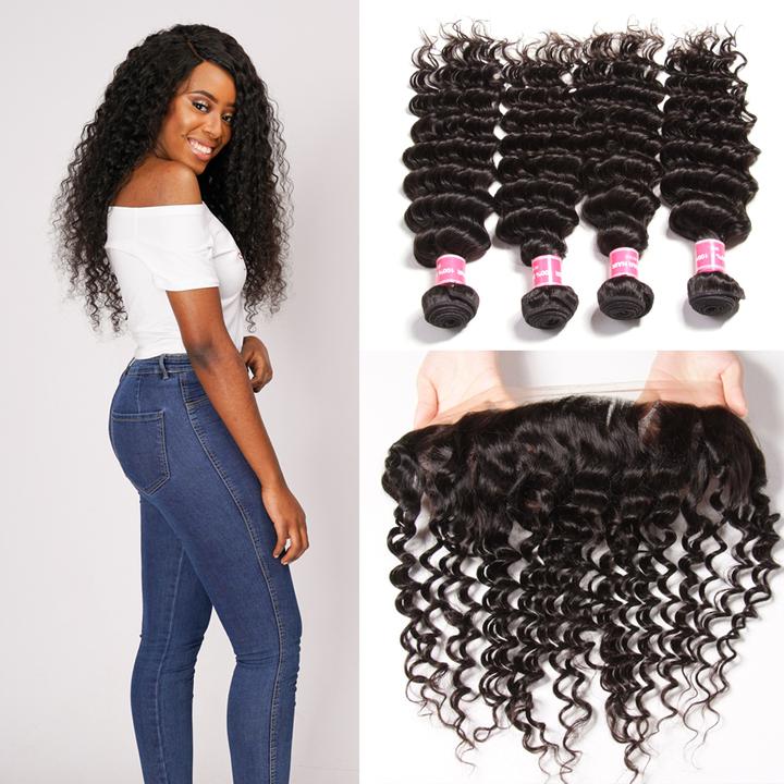 Lanfy Hair 10A Brazilian Virgin Hair Deep Wave 4 Bundles with Lace Frontal Closure Human Extension