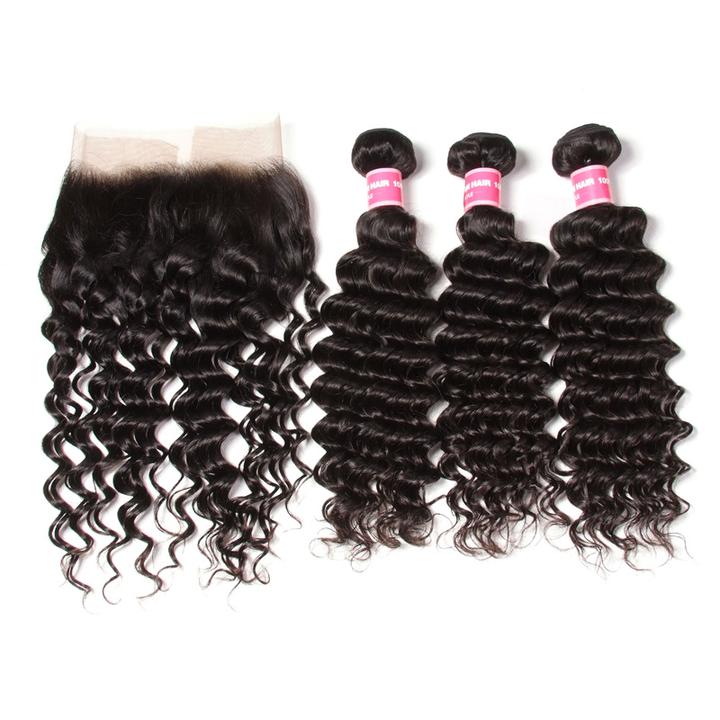 Lanfy Hair 10A Brazilian Virgin Hair Deep Wave 4 Bundles with Lace Frontal Closure Human Extension