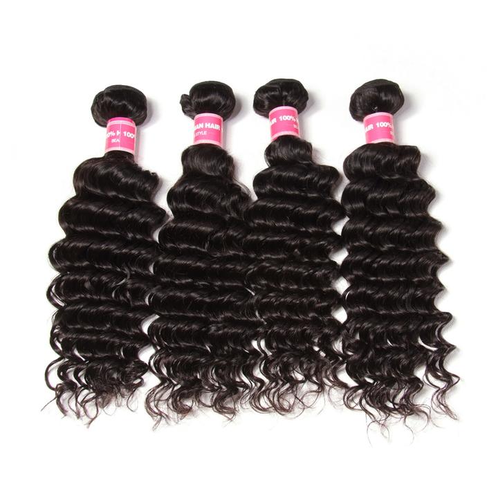 Lanfy Hair 10A Brazilian Virgin Hair Deep Wave 4 Bundles with Lace Frontal Closure Human Extension