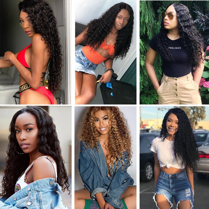 Lanfy Hair 10A Brazilian Virgin Hair Deep Wave 4 Bundles with Lace Frontal Closure Human Extension