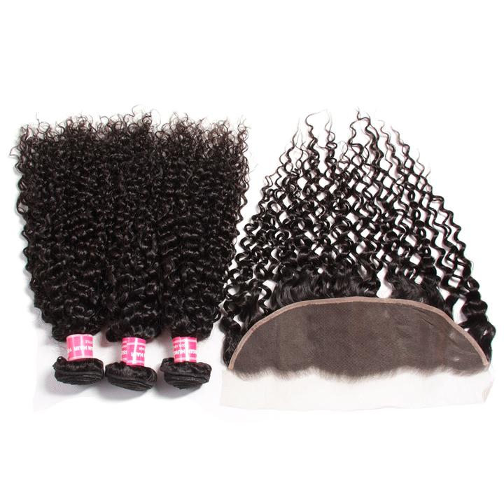 Lanfy Hair Brazilian Curly Hair 13x4 Lace Frontal With Bundles 3Pcs/Pack