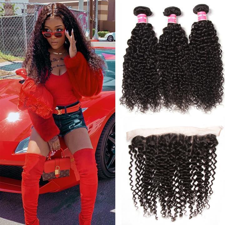 Lanfy Hair Brazilian Curly Hair 13x4 Lace Frontal With Bundles 3Pcs/Pack