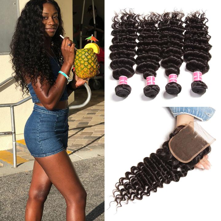 Lanfy Hair 10A Grade Brazilian Deep Wave 4 Bundles with 4X4 Lace Closure, Free Part, 100% Virgin Human Hair