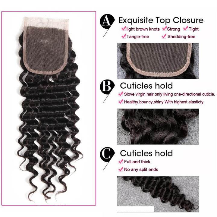 Lanfy Hair 10A Grade Brazilian Deep Wave 4 Bundles with 4X4 Lace Closure, Free Part, 100% Virgin Human Hair