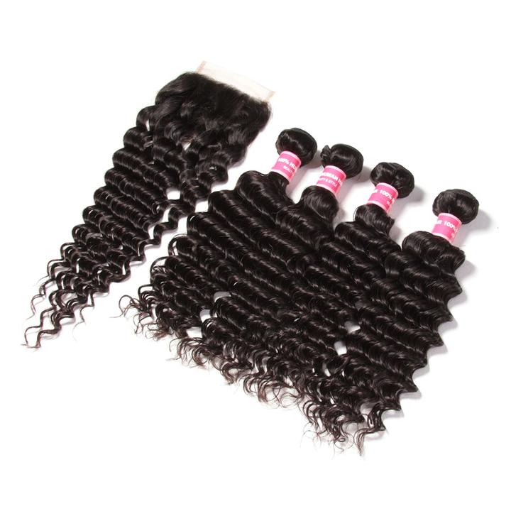 Lanfy Hair 10A Grade Brazilian Deep Wave 4 Bundles with 4X4 Lace Closure, Free Part, 100% Virgin Human Hair