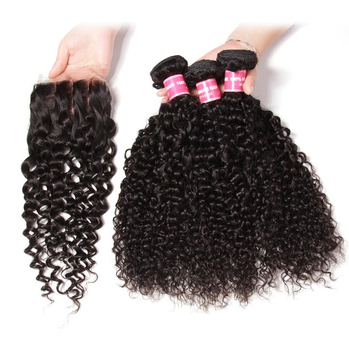 Lanfy Hair Brazilian Virgin Curly Hair 3 Bundles With 4*4 Lace Closure, Unprocessed Human Hair Extension