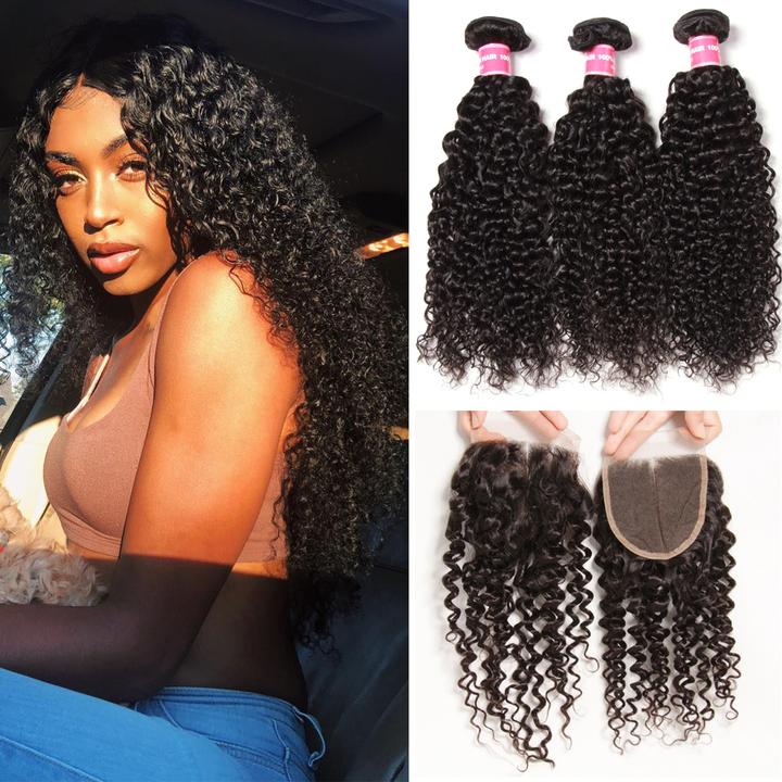 Lanfy Hair Brazilian Virgin Curly Hair 3 Bundles With 4*4 Lace Closure, Unprocessed Human Hair Extension