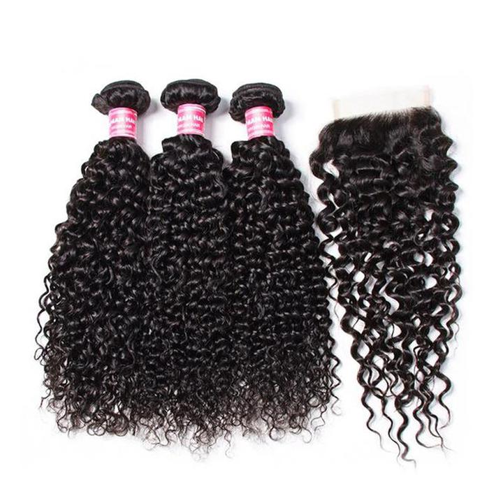 Lanfy Hair Brazilian Virgin Curly Hair 3 Bundles With 4*4 Lace Closure, Unprocessed Human Hair Extension