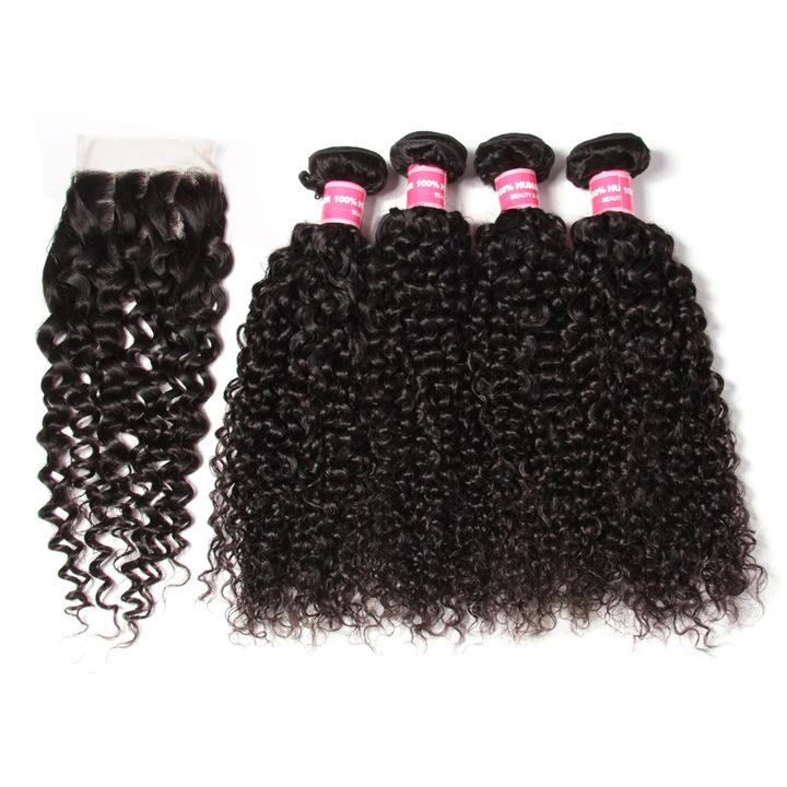 Lanfy Hair Brazilian Virgin Curly Hair 4 Bundles with 4*4 Lace Closure