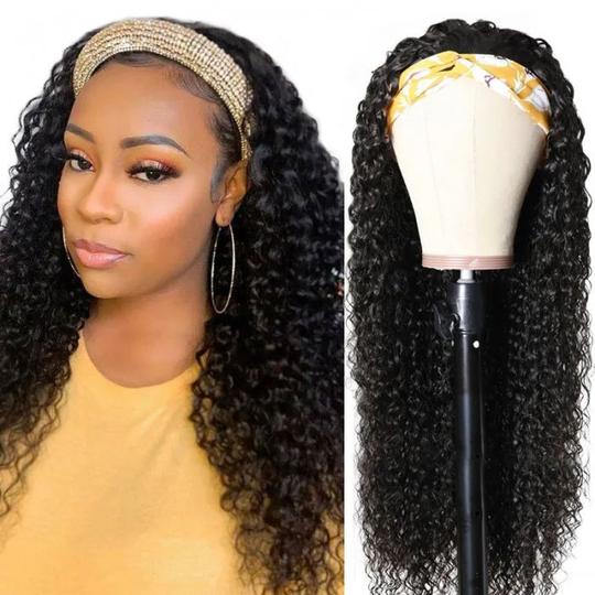 Jerry Curly Headband Wig Virgin Human Hair No Glue No Gel Headband Scarf Wig for Women