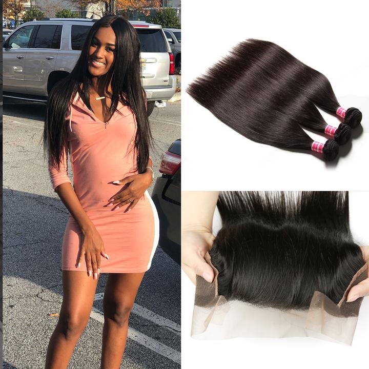 Lanfy Hair Brazilian Straight Hair 3 Bundles with 13*4 Ear to Ear Lace Frontal Closure Deals