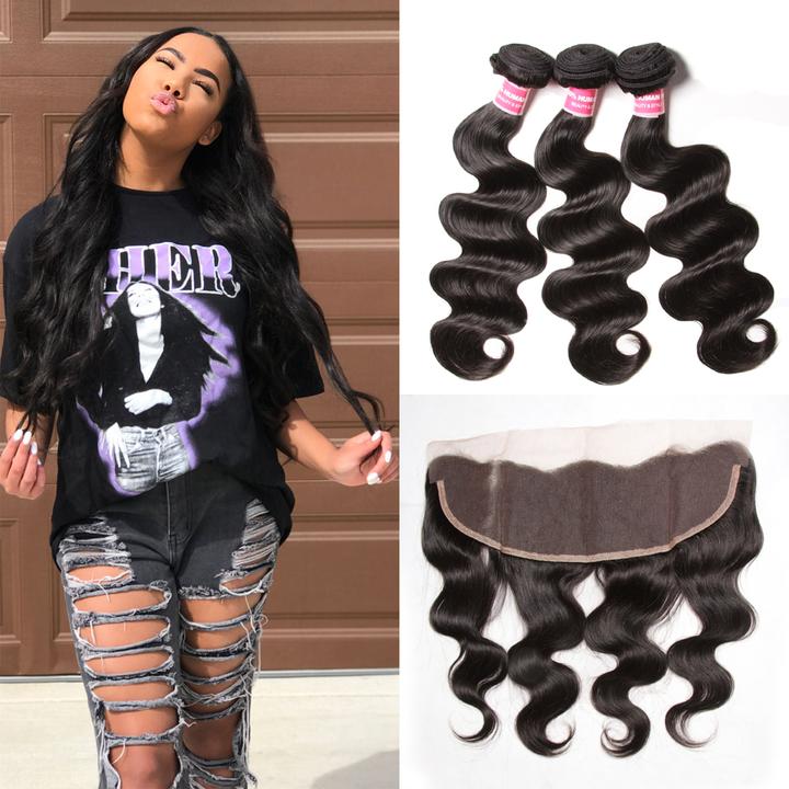 Lanfy Hair Brazilian Virgin Body Wave Hair 3 Bundles With 13X4 Lace Frontal Hair Closure