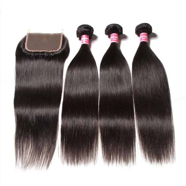 Lanfy Hair Brazilian Straight Hair 3 Pcs with 4*4 Lace Closure Deals