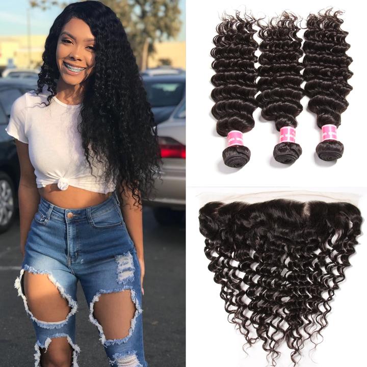 Lanfy Hair Brazilian Deep Wave 3 Bundles with Lace Frontal Closure, 13*4 Ear to Ear, 100% Virgin Hair