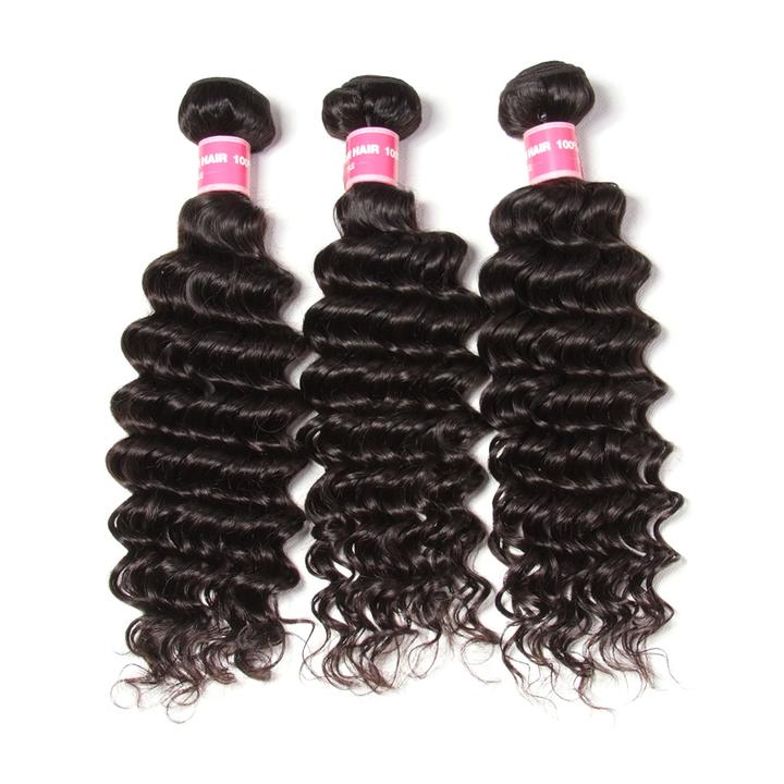 Lanfy Hair Brazilian Deep Wave 3 Bundles with Lace Frontal Closure, 13*4 Ear to Ear, 100% Virgin Hair