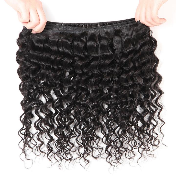 Lanfy Hair Brazilian Deep Wave 3 Bundles with Lace Frontal Closure, 13*4 Ear to Ear, 100% Virgin Hair