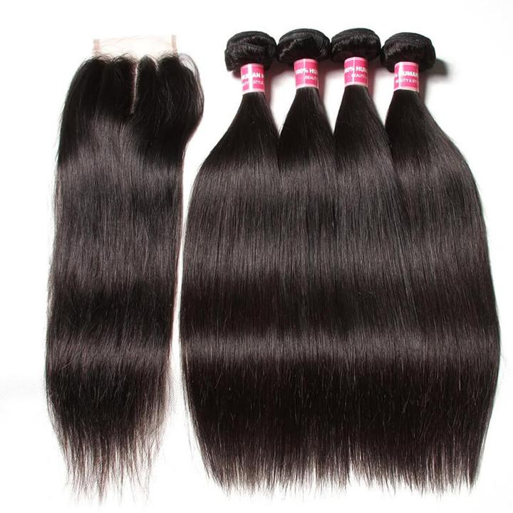 Lanfy Hair Brazilian Straight Hair 4 Bundles with Lace Closure Deals