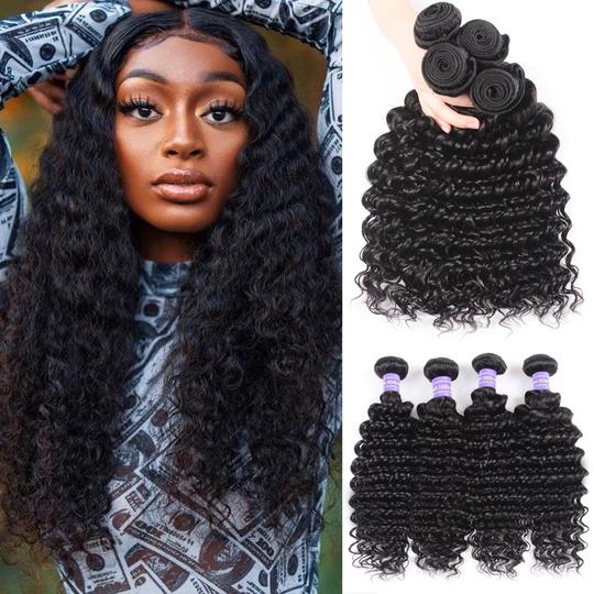 Lanfy Hair New Remy Human Hair Brazilian Deep Wave Weaves 4 Bundles 100% Human Hair Bundle Deals