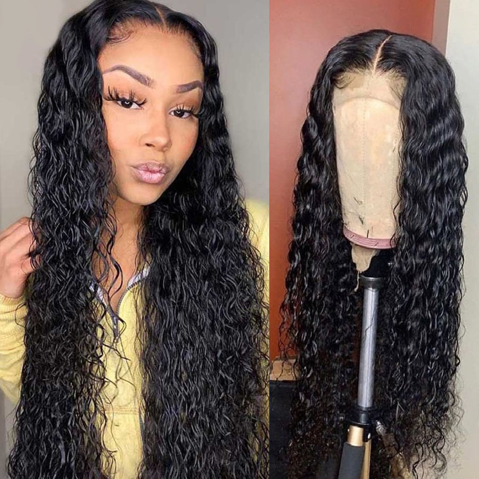 Lanfy Hair Water Wave Texture Transparent Lace Front Wig, 4X4 Closure Wig 100% Human Virgin Hair