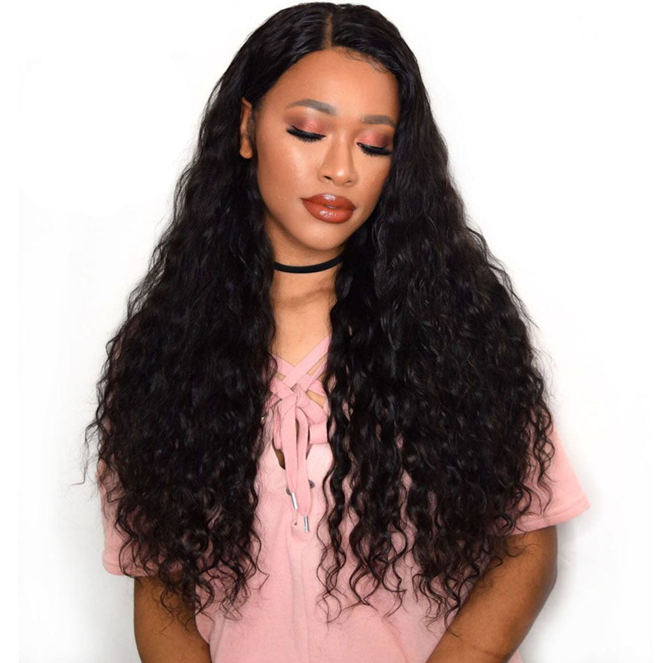 Lanfy Hair Water Wave Texture Transparent Lace Front Wig, 4X4 Closure Wig 100% Human Virgin Hair