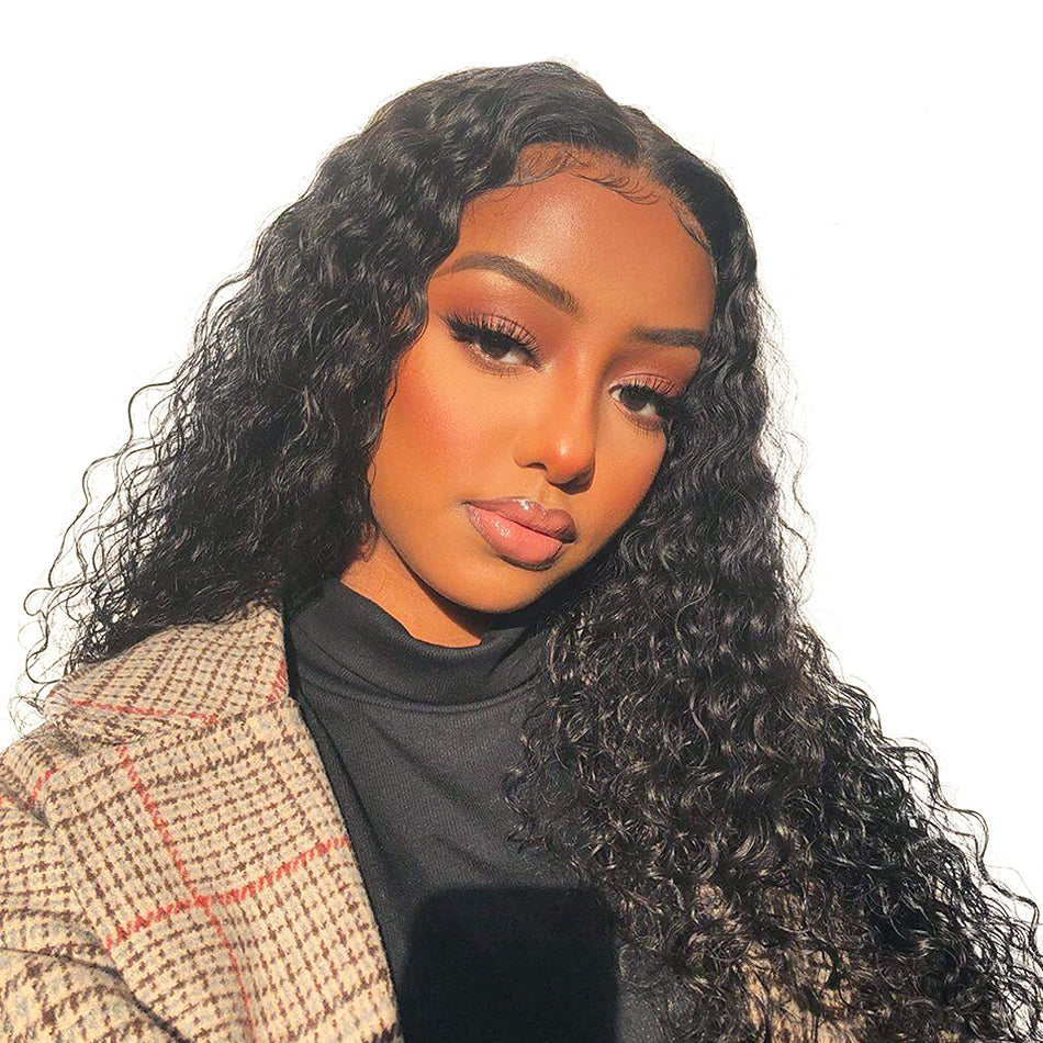 Lanfy Hair Water Wave Texture Transparent Lace Front Wig, 4X4 Closure Wig 100% Human Virgin Hair