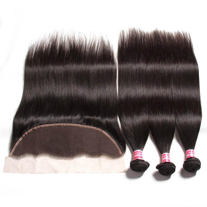 Lanfy Hair Brazilian Straight Hair 3 Bundles with 13*4 Ear to Ear Lace Frontal Closure Deals