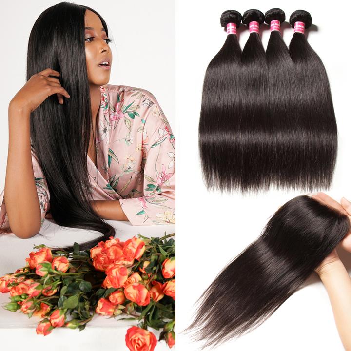 Lanfy Hair Brazilian Straight Hair 4 Bundles with Lace Closure Deals